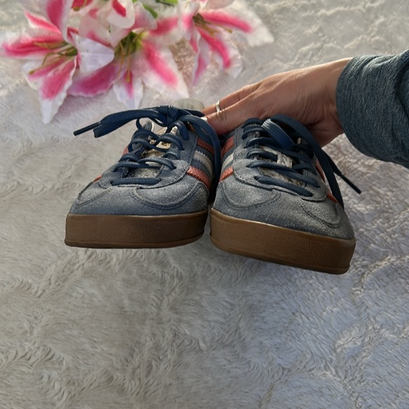 Adidas Gazelle Suede Blue w/Pink & White Stripes Sneakers - Picture 3 of 16